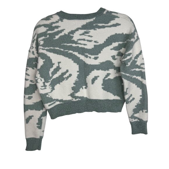 William Rast Abstract Crewneck Chunky Knit Cropped Sweater Green White Womens XS - Picture 3 of 5